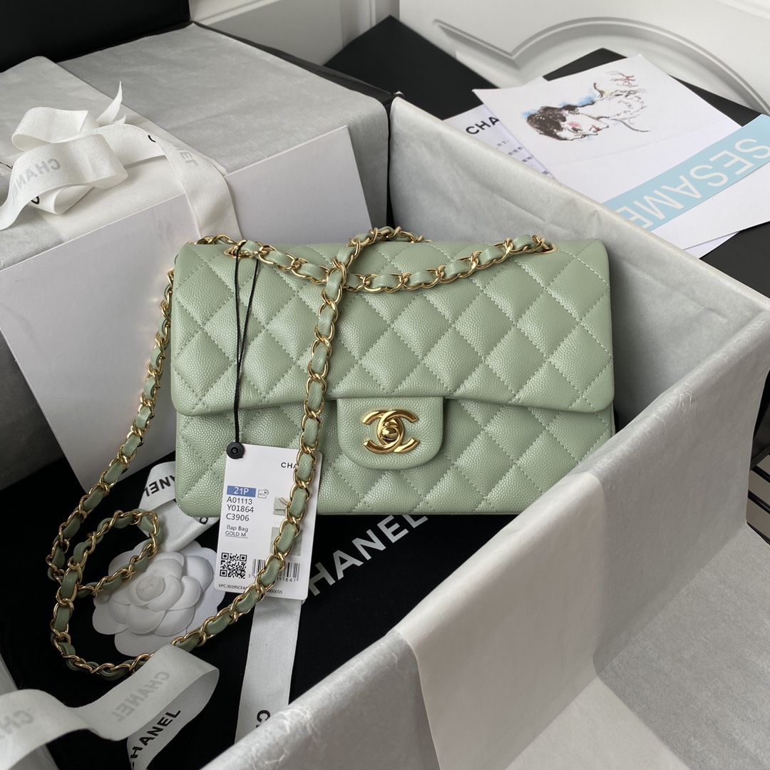 Classic Flap Caviar Bag A01113 Light Green/Gold